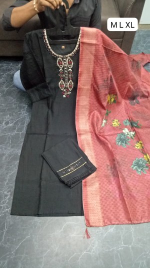 Beautiful handwork roman silk black kurti pant dupatta